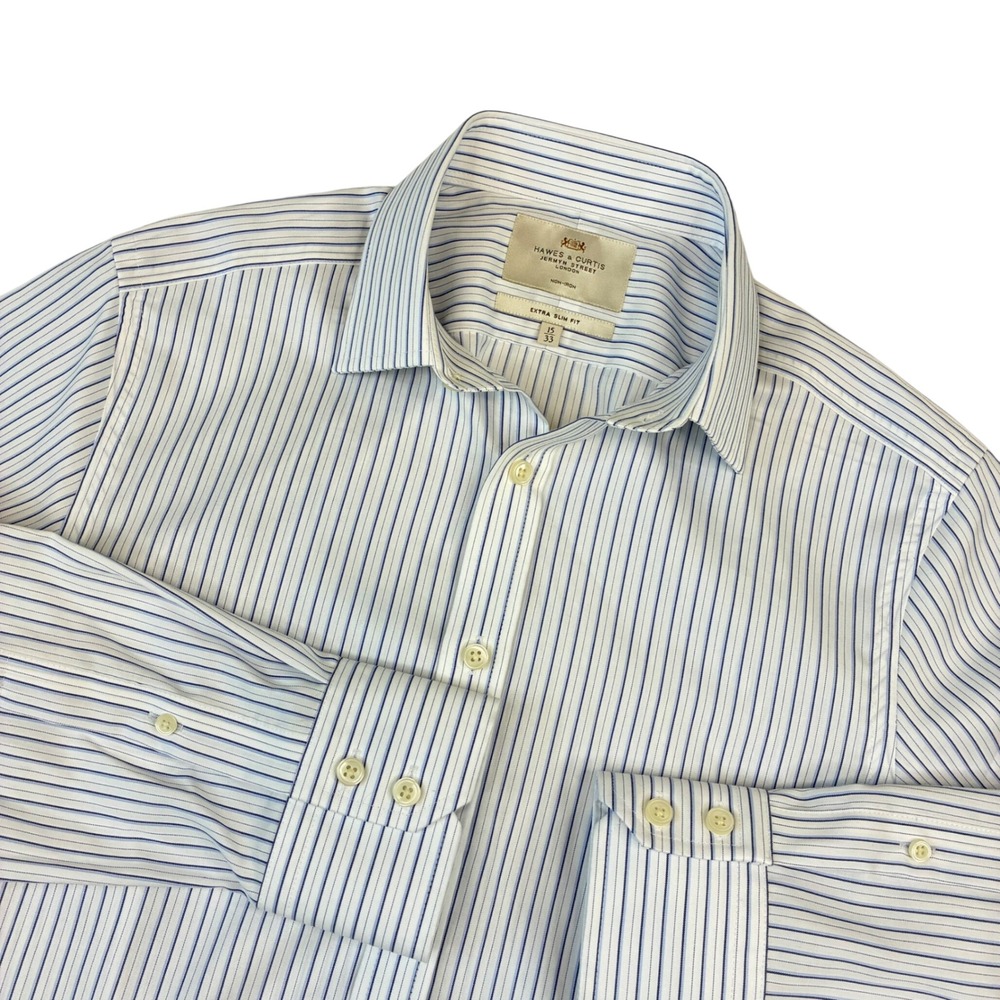Hawes & Curtis Dress Shirt Mens 15/33 Blue White Stripe Extra Slim Fit Non-Iron